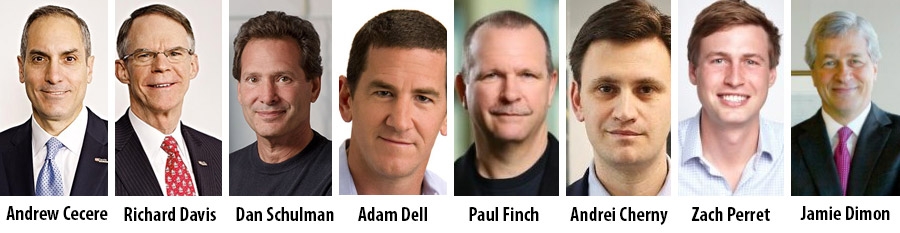 Andrew Cecere, Richard Davis, Dan Schulman, Adam Dell, Paul Finch, Andrei Cherny, Zach Perret en Jamie Dimon Andrew Cecere, Richard Davis, Dan Schulman, Adam Dell, Paul Finch, Andrei Cherny, Zach Perret en Jamie Dimon