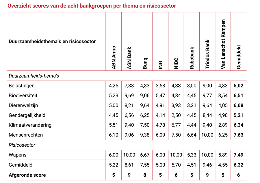 Overzicht scores van de acht bankgroepen per thema en risicosector